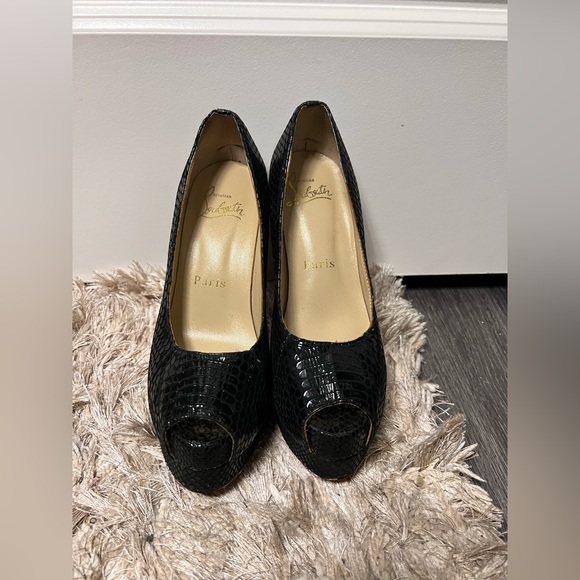 Christian Louboutin Shoes - Christian Louboutin Black Snakeskin Textured Peep-Toe Platform Heels